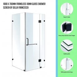 100 X 70cm Frameless 10mm Glass Shower Screen By Della Francesca BLACK Hinges/Brackets And ROUND Handle DIY & Renovation