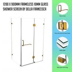 120 X 90cm Frameless 10mm Glass Shower Screen By Della Francesca GOLD Hinges/Brackets And ROUND Handle DIY & Renovation
