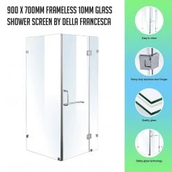 90 X 70cm Frameless 10mm Glass Shower Screen By Della Francesca CHROME Hinges/Brackets And ROUND Handle