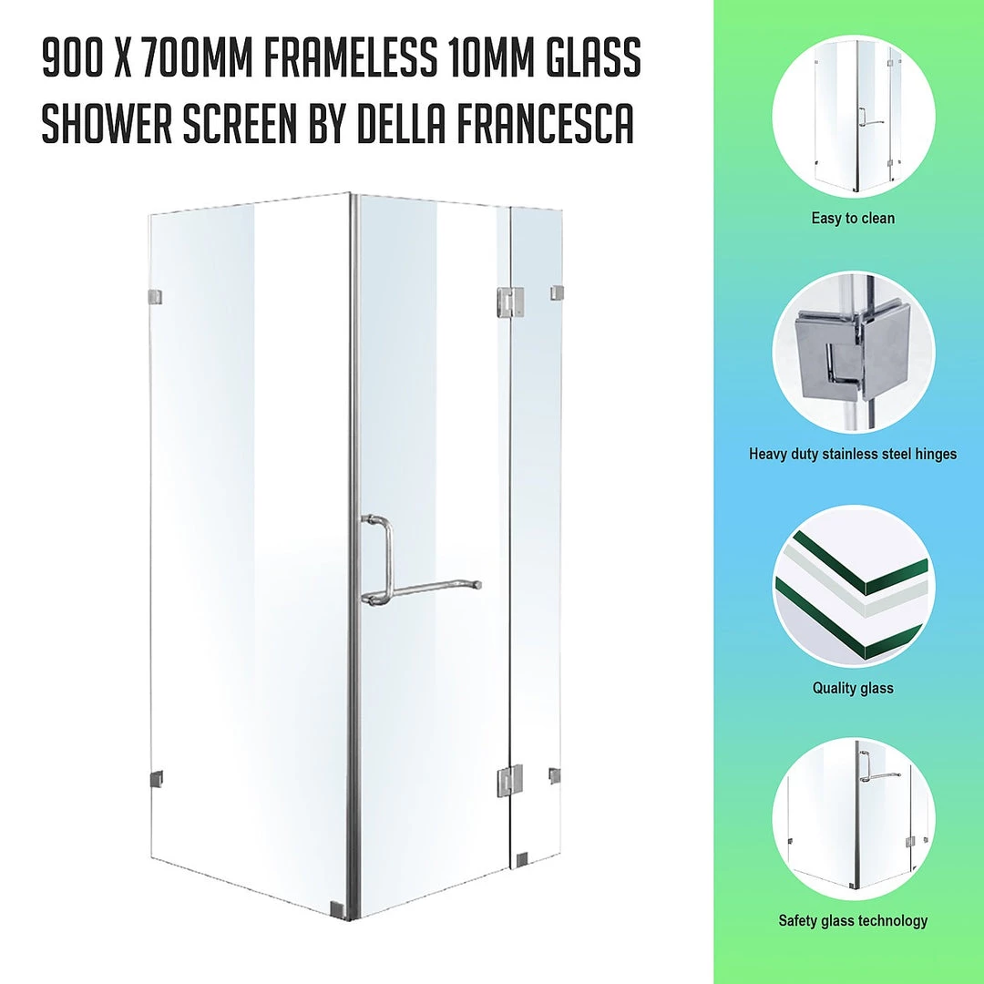 90 X 70cm Frameless 10mm Glass Shower Screen By Della Francesca CHROME Hinges/Brackets And ROUND Handle