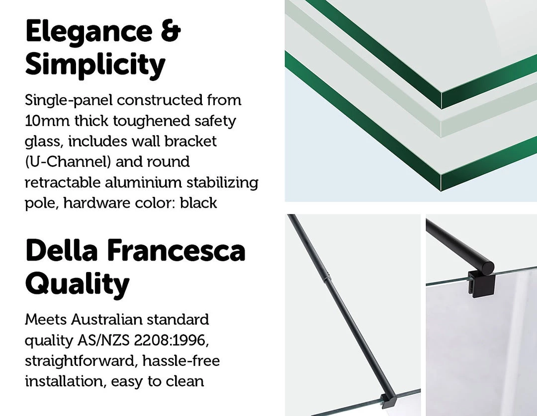 Della Francesca DIY & Renovation 110 X 210cm Frameless 10mm Safety Glass Shower Screen In Round Black