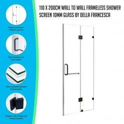 Della Francesca 110 X 200cm Wall To Wall Frameless Shower Screen In Black Hardware With Round Handle DIY & Renovation