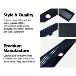 Della Francesca 120cm Bathroom Shower Black Grate Drain W/ Centre Outlet Floor Waste