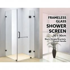 90 X 100cm Frameless 10mm Glass Shower Screen By Della Francesca BLACK Hinges/Brackets And ROUND Handle