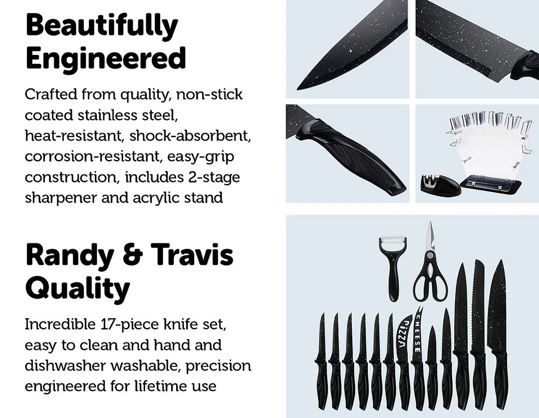 FactoryFast.com.au Kitchen 17 Pc Knife Set W/ Block & Sharpener Chef Bread Steak Knives