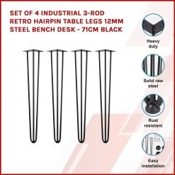 Della Francesca Set Of 4 Industrial 3-Rod Retro Hairpin Table Legs 12mm Steel Bench Desk - 71cm Black Furniture