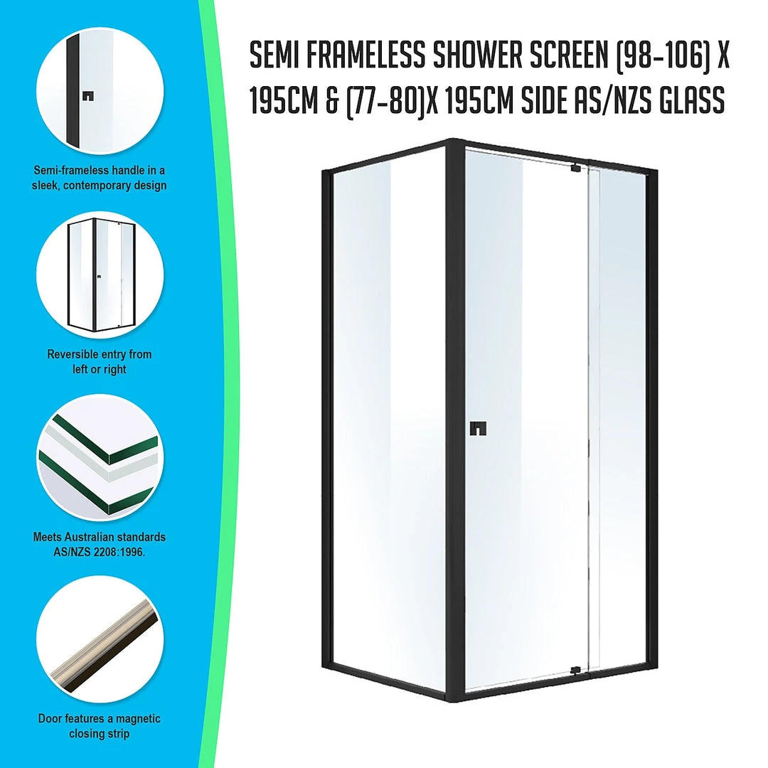 Della Francesca Front: (98~106) X 195cm Adjustable Semi Frameless Shower Screen In Black Side: (77~80) X 195cm DIY & Renovation