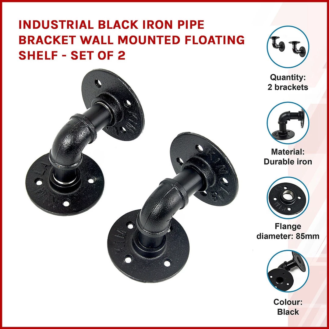 Randy & Travis Machinery Industrial Black Iron Pipe Bracket Wall Mounted Floating Shelf - Set Of 2