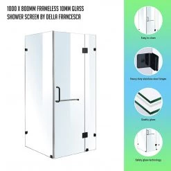 100 X 80cm Frameless 10mm Glass Shower Screen By Della Francesca BLACK Hinges/Brackets And ROUND Handle