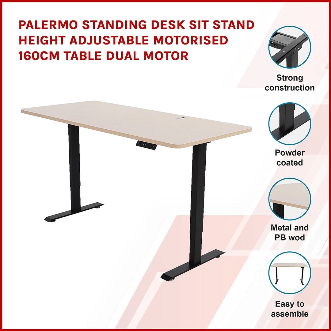 Furniture Palermo Standing Desk Sit Stand Height Adjustable Motorised 160cm Table Dual Motor